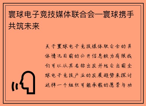 寰球电子竞技媒体联合会—寰球携手共筑未来